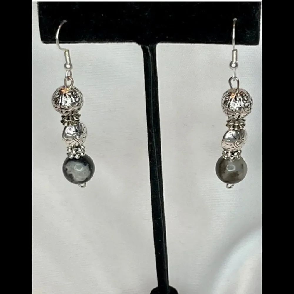 Silver Tone Dangle Earrings with Amazonite and Textured and Embossed Beads- NEW